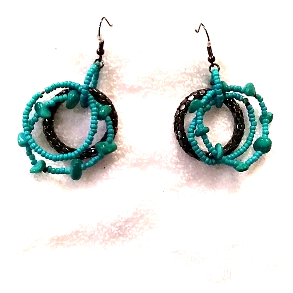 Turquoise and black triple hooped dangle earrings